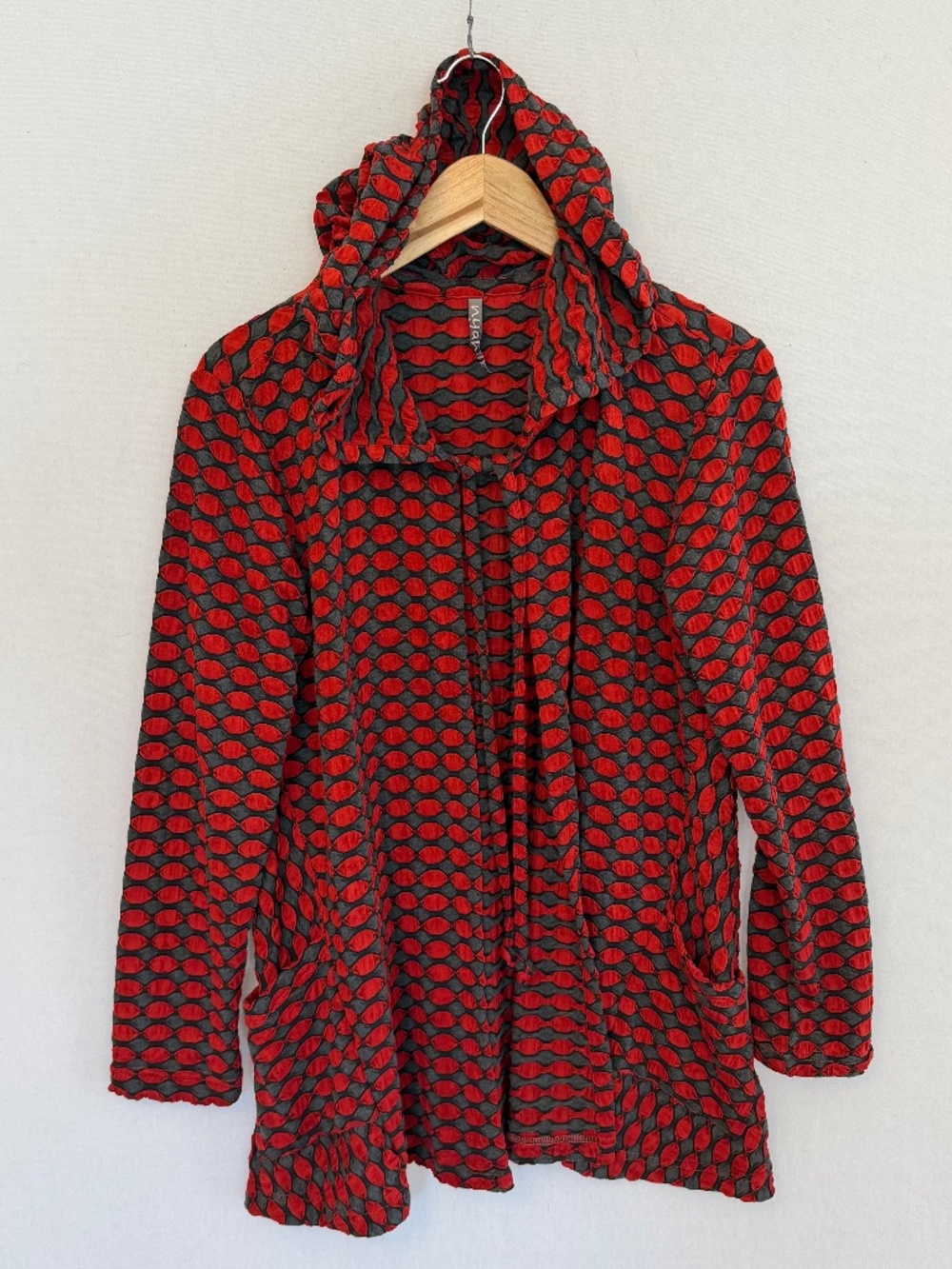 NYAH Women’s Medium Red & Gray Geometric Print Open Front Hoodie Cardigan
